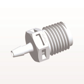 Threaded Connector, Barbed, White, 100/Bag - Fits 1/8 inch ID Tubing (0.125 inch, 3.18 mm) x 1/4