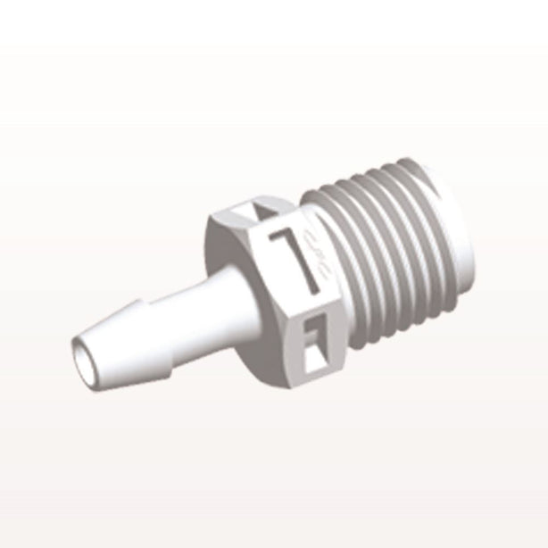 Threaded Connector, Barbed, White, 100/Bag - Fits 3/16 inch ID Tubing (0.188 inch, 4.76 mm) x 1/4" NPT - N8S630