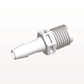 Threaded Connector, Barbed, White, 100/Bag - Fits 1/4 inch ID Tubing (0.25 inch, 6.35 mm) x 1/4