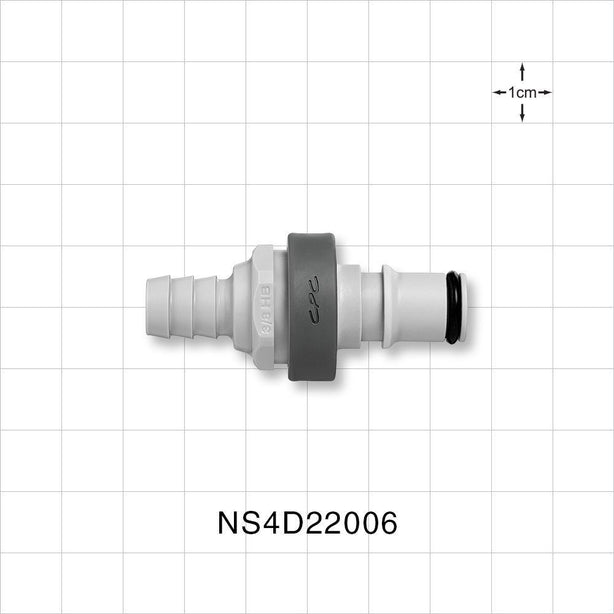 NS4 Connector, Insert, Valved, Barbed - Fits 3/8 inch ID Tubing (0.375 inch, 9.53 mm) - NS4D22006