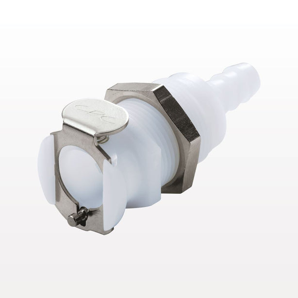 PLC Connector, Panel Mount Body, Valved, Barbed - Fits 1/4 inch ID Tubing (0.25 inch, 6.35 mm) - PLCD16004