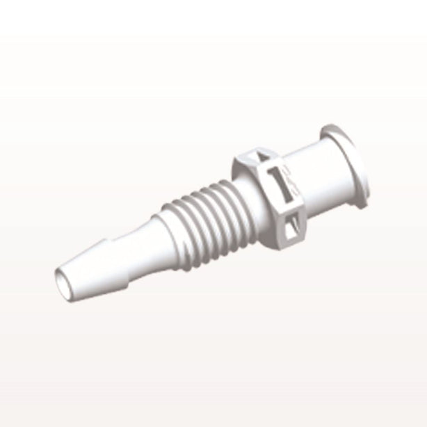 Panel Mount, Female Luer Lock, Barbed, White, 100/Bag - 1/4-28 UNF Thread; Fits 1/8 inch ID Tubing (0.125 inch, 3.18 mm) - PMLF4130
