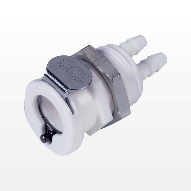 Twin Tube™ Coupling Body, Panel Mount Body, Non-Valved, Barbed - Fits 1/8 inch ID Tubing (0.125 inch, 3.18 mm) - PTC1602096