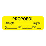 United Ad Drug Tape and Propofol Label, Strength (mg / mL), Date, Time, Initial, Yellow, 1-1/2" x 1/2", Permanent, 1000 Labels / Roll - ULAL006-D - 1000 Each