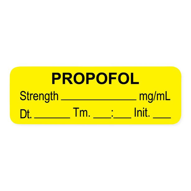 United Ad Drug Tape and Propofol Label, Strength (mg / mL), Date, Time, Initial, Yellow, 1-1/2" x 1/2", Permanent, 1000 Labels / Roll - ULAL006-D - 1000 Each