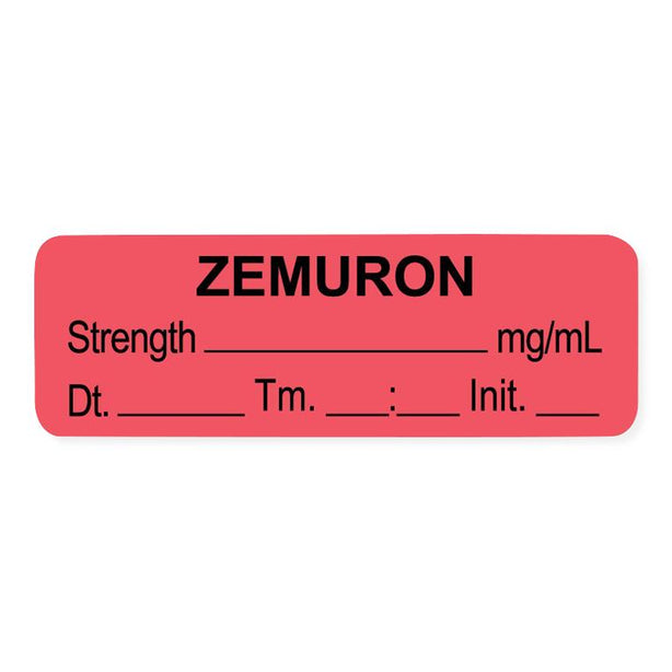 United Ad Drug Tape and Zemuron Label, Strength (mg / mL), Date, Time, Initial, Red, 1-1/2" x 1/2", Permanent, 1000 Labels / Roll - RRDULAL035D