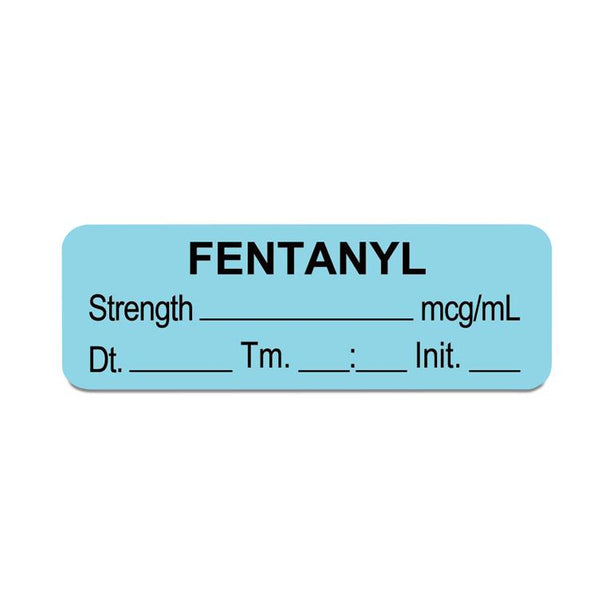 United Ad Drug Tape and Fentanyl Label, Strength (mcg / mL), Date, Time, Initial, Light Blue, 1-1/2" x 1/2", Permanent, 1000 Labels / Roll - ULAL067-D - 1000 Each