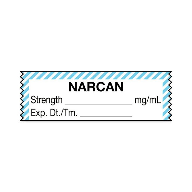 United Ad Drug and Narcan Label Tape, Strength (mg / mL), Expiration Date / Time, Light Blue / White Stripe, 1-1/2" x 1/2", Removable, 500"/Roll - ULTA025 - 333 Each