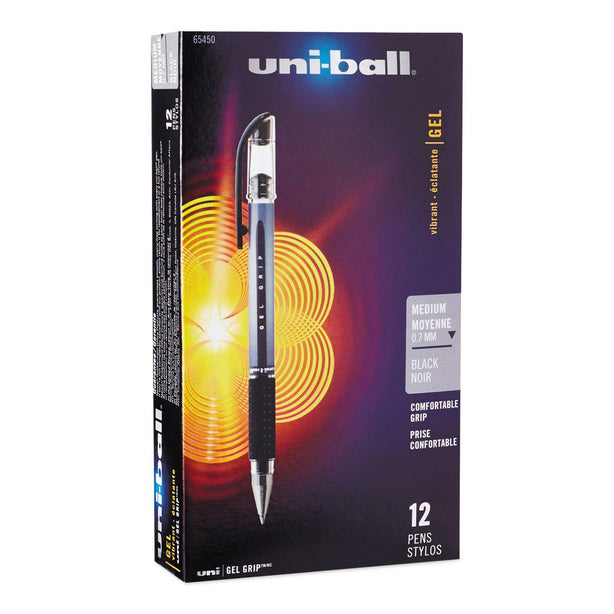 Uni-Ball Signo GRIP Stick Gel Pen, 0.7 mm, Silver / Black Barrel, Black Ink - 65450 - 12 Each