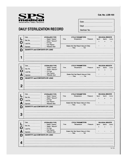 STERIS CORP Load Record Sheets LSB-100 100 Each - MDL-SDCLSB100PK