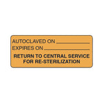 Shamrock Sterilization Information Label for Central Service Use, "Autoclaved On / Expires On / Return to Central Service for Re-Sterilization", Fluorescent Orange, 1" x 2.5" - SHMSAE1215
