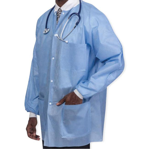 S2s Global PremierPro Fluid-Resistant Disposable Lab Jacket with Knit Collar and Cuffs, Blue, Size S - SQS2712
