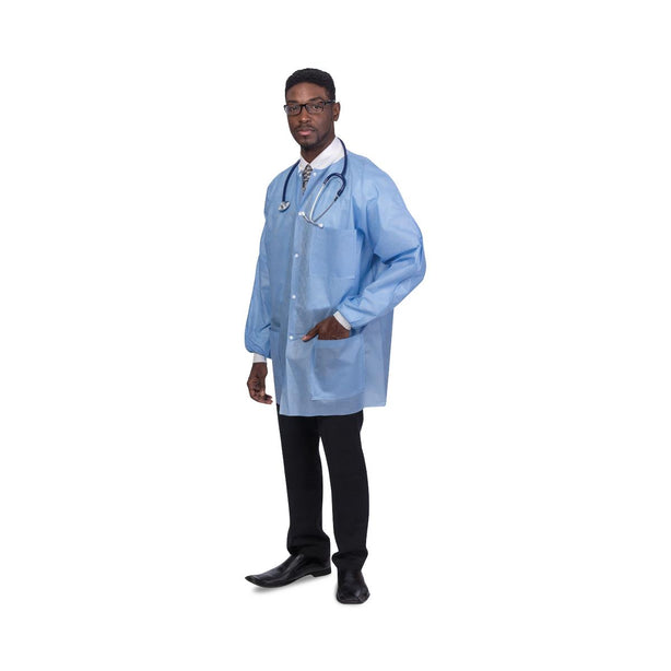 S2s Global PremierPro Fluid-Resistant Disposable Lab Jacket with Knit Collar and Cuffs, Blue, Size XL - SQS2715