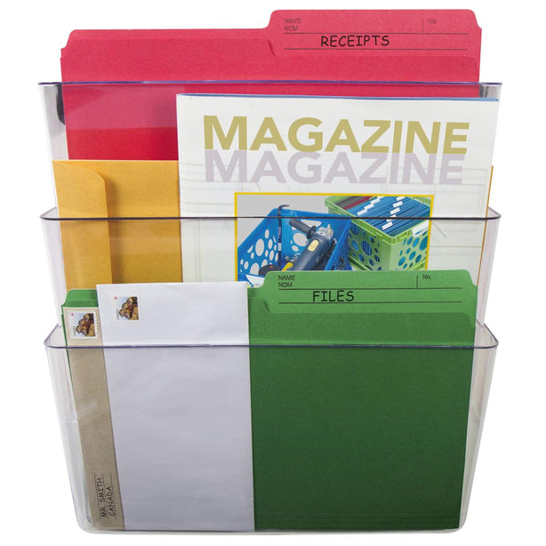 STOREX INDUSTRIES Hanging Wall File, Three Pocket, Clear, Letter, 13" x 14" - 70245U06C - 3 Each