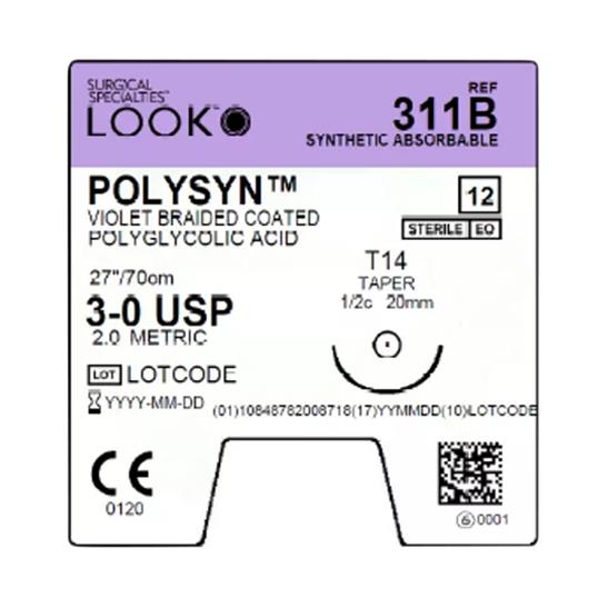 Surgical Specialties Absorbable 311B PolySyn Suture with HR20 Needle, Violet Braided, 27" Long, Size 3-0 - MDL-SUS311B - 12 Each