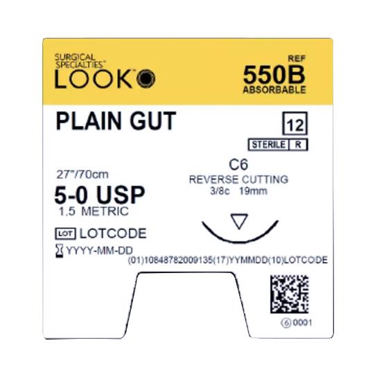 Surgical Specialties Absorbable Plain Gut Suture with LOOK C6 Reverse Cutting Needle 19 mm 3/8 Circle, Size 5-0, 27" - 550B - 12 Each
