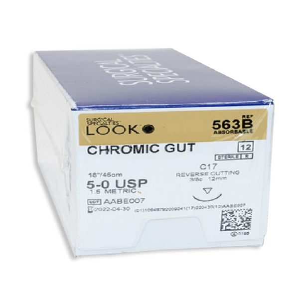 Surgical Specialties Reverse Cutting Reverse-Cutting Chromic Gut Suture, 18" C17 3/8, 5-0 - 563B - 12 Each