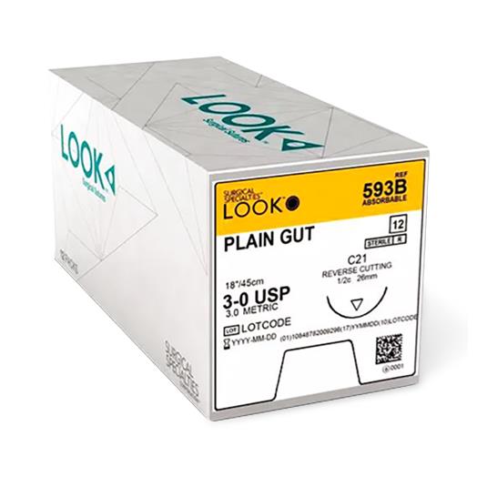 Surgical Specialties Dental Suture, Look, Plain Gut, 3-0, 18, C21 - 593B - 12 Each