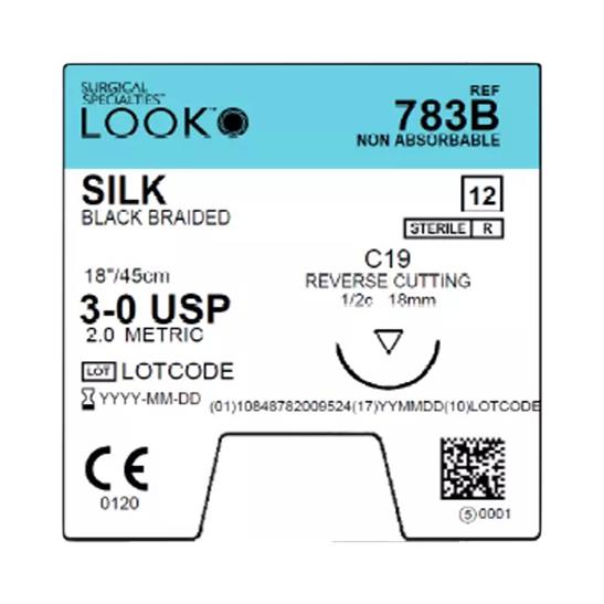 Surgical Specialties Nonabsorbable Rev Silk Braided Suture, Reverse Cut, Size 3-0, C-19, 18" - 783B - 12 Each