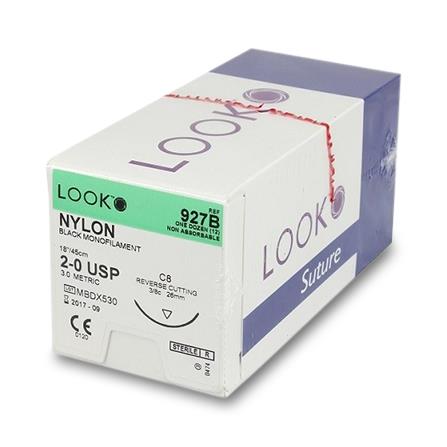 Surgical Specialties Reverse Cutting Black Nylon Monofilament Suture, Size 2-0, C8 Needle, 18" - 927B - 12 Each
