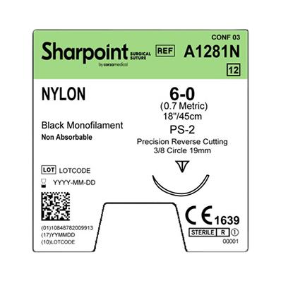 Surgical Specialties Reverse Cutting Black Nylon Monofilament Suture, Size 6-0, 18", DSM18 Needle - A1281N - 12 Each