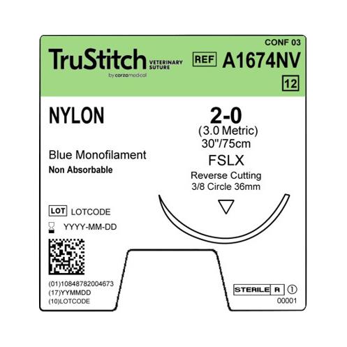Surgical Specialties Black Monofilament Trustitch Veterinary Suture, Nylon 2-0 Blue 30", FSLX Reverse Cutting, 36 mm, 3/8" Circle - A1674NV - 12 Each
