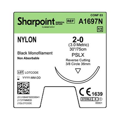 Surgical Specialties Reverse Cutting Black Nylon Monofilament Suture, Size 2-0, 36 mm, 30" 3/8 Needle - A1697N - 12 Each