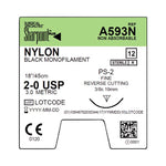 Surgical Specialties Reverse Cutting Black Nylon Monofilament Suture, Size 2-0, 1 x 13", PS-2 Needle - A593N - 12 Each