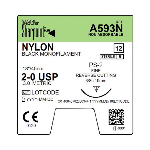 Surgical Specialties Reverse Cutting Black Nylon Monofilament Suture, Size 2-0, 1 x 13", PS-2 Needle - A593N - 12 Each