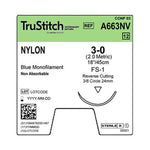 Surgical Specialties Black Monofilament Trustitch Veterinary Suture, Nylon 3-0 Blue 18", FS-1 Reverse Cutting, 24 mm, 3/8" Circle - A663NV - 12 Each