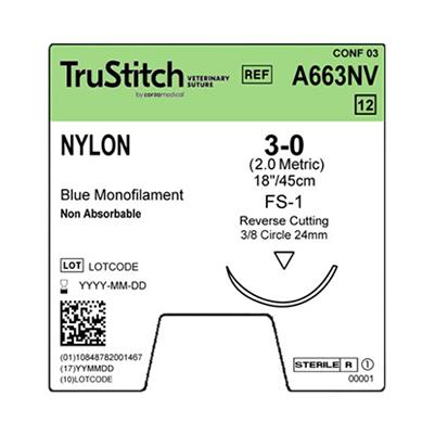 Surgical Specialties Black Monofilament Trustitch Veterinary Suture, Nylon 3-0 Blue 18", FS-1 Reverse Cutting, 24 mm, 3/8" Circle - A663NV - 12 Each