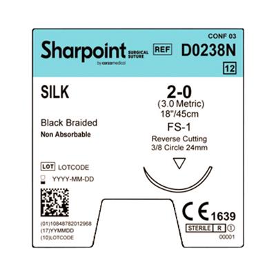 Surgical Specialties Reverse Cutting Nylon Monofilament Braided Black Silk Suture, Size 2-0, 18", DS24 Needle - D0238N - 12 Each