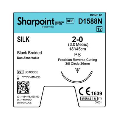 SURGICAL SPECIALTIES Black Braided Silk Suture, Size 2-0, 18", with PS Needle - D1588N - 12 Each