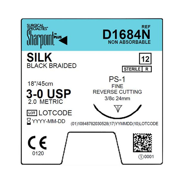 SURGICAL SPECIALTIES Black Braided Silk Sutures D1684N 12 Each-MDL-SUSD1684N