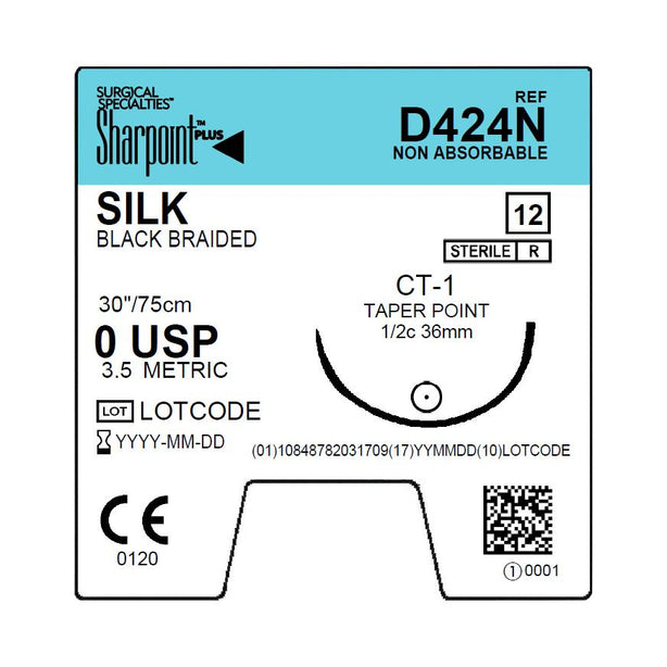 SURGICAL SPECIALTIES Black Braided Silk Sutures D424N 12 Each-MDL-SUSD424N