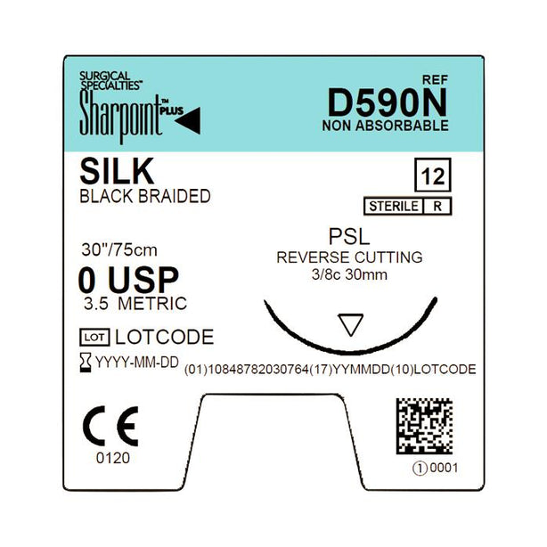 SURGICAL SPECIALTIES Black Braided Silk Suture, Size 0, 30", with PSL Needle - D590N - 12 Each