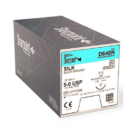 SURGICAL SPECIALTIES Black Braided Silk Suture, Size 5-0, 18", with P-3 Needle - D640N - 12 Each