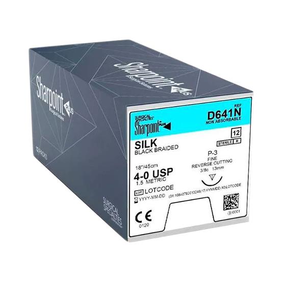 SURGICAL SPECIALTIES Black Braided Silk Suture, Size 4-0, 18", with P-3 Needle - D641N - 12 Each