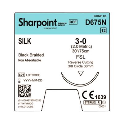 SURGICAL SPECIALTIES Black Braided Silk Suture, Size 3-0, 30", with DS30 Needle - D675N - 12 Each