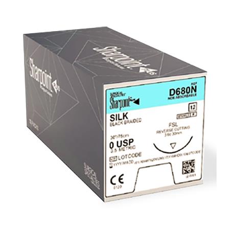 SURGICAL SPECIALTIES Black Braided Silk Suture, Size 0, 30", with DS30 Needle, 3/8 Circle - D680N - 12 Each