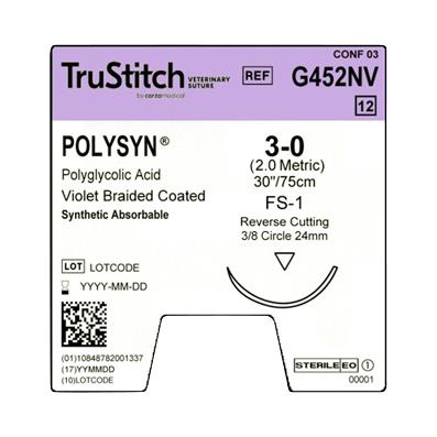 Surgical Specialties Braided Trustitch Veterinary Suture, Polysyn 3-0 Violet 30", FS-1 Reverse Cutting, 24 mm, 3/8" Circle - G452NV - 12 Each