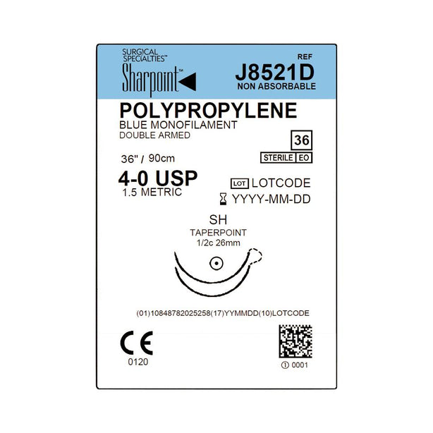 SURGICAL SPECIALTIES Monofilament Polypropylene Suture, 4-0, Blue, 1" x 36", SH, Double, Armed - J8521D - 36 Each