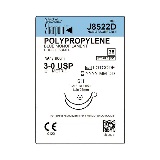 SURGICAL SPECIALTIES Monofilament Polypropylene Suture, 3-0, SH, 36", Blue, Double Arm - J8522D - 36 Each