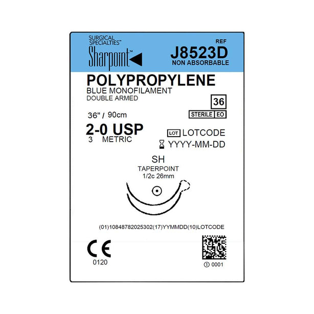 SURGICAL SPECIALTIES Monofilament Suture, Polypropylene, 2-0, SH, 36", Blue, Double Arm - J8523D - 36 Each