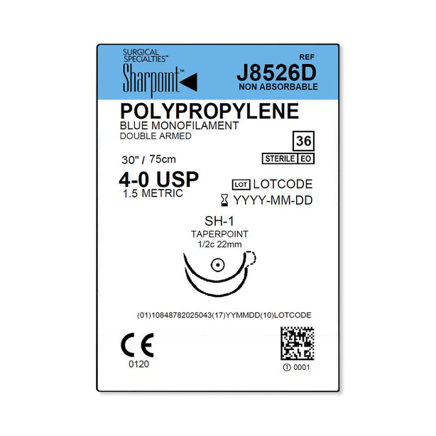 SURGICAL SPECIALTIES Monofilament Polypropylene Suture, 4-0, SH-1, 30", Blue, Double Armed - J8526D - 36 Each