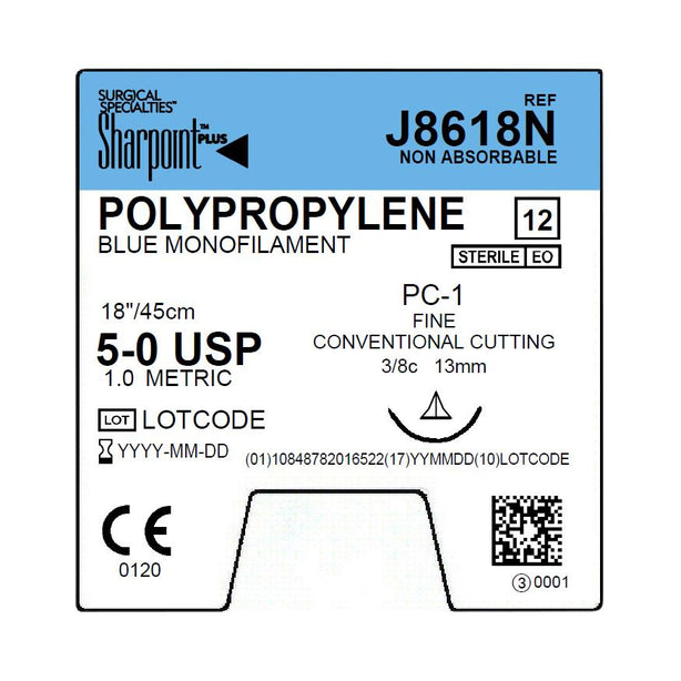 Surgical Specialties Mono Poly Nonabsorbable Blue Monofilament Polypropylene Suture, Size 5-0, 45 cm L, PC-1 Needle, 13 mm, 3/8 Circle - J8618N - 12 Each