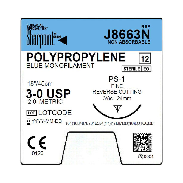Surgical Specialties Mono Poly Nonabsorbable Blue Monofilament Polypropylene Suture, Size 3-0, 45 cm L, PS-1 Needle, 24 mm, 3/8 Circle - J8663N - 12 Each