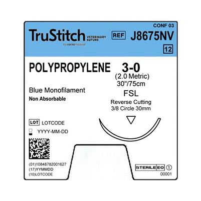 SURGICAL SPECIALTIES Monofilament Trustitch Veterinary Suture, Polypropylene 3-0 Blue 30", FSL Reverse Cutting, 30 mm, 3/8" Circle - J8675NV - 12 Each
