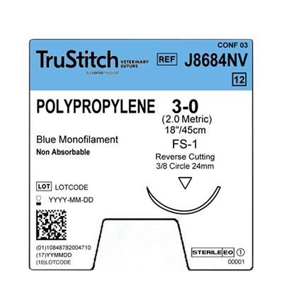 SURGICAL SPECIALTIES Monofilament Trustitch Veterinary Suture, Polypropylene 3-0 Blue 18", FS-1 Reverse Cutting, 24 mm, 3/8" Circle - J8684NV - 12 Each