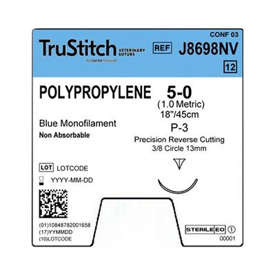 SURGICAL SPECIALTIES Monofilament Trustitch Veterinary Suture, Polypropylene 5-0 Blue 18", P-3 Precision Reverse Cutting, 13 mm, 3/8" Circle - J8698NV - 12 Each